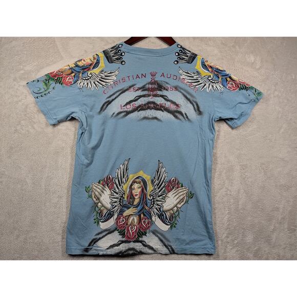 Christian Audigier Y2K All Over Print Blue Shirt SMALL Faith Graphic Made in USA - Picture 6 of 6